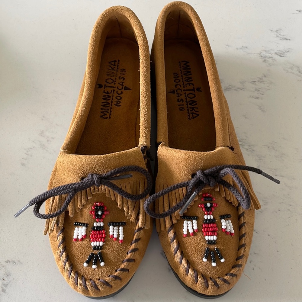 Minnetonka Thunderbird Boat Moc Brown SuedeBeaded Moccasins 7.5 NWOT